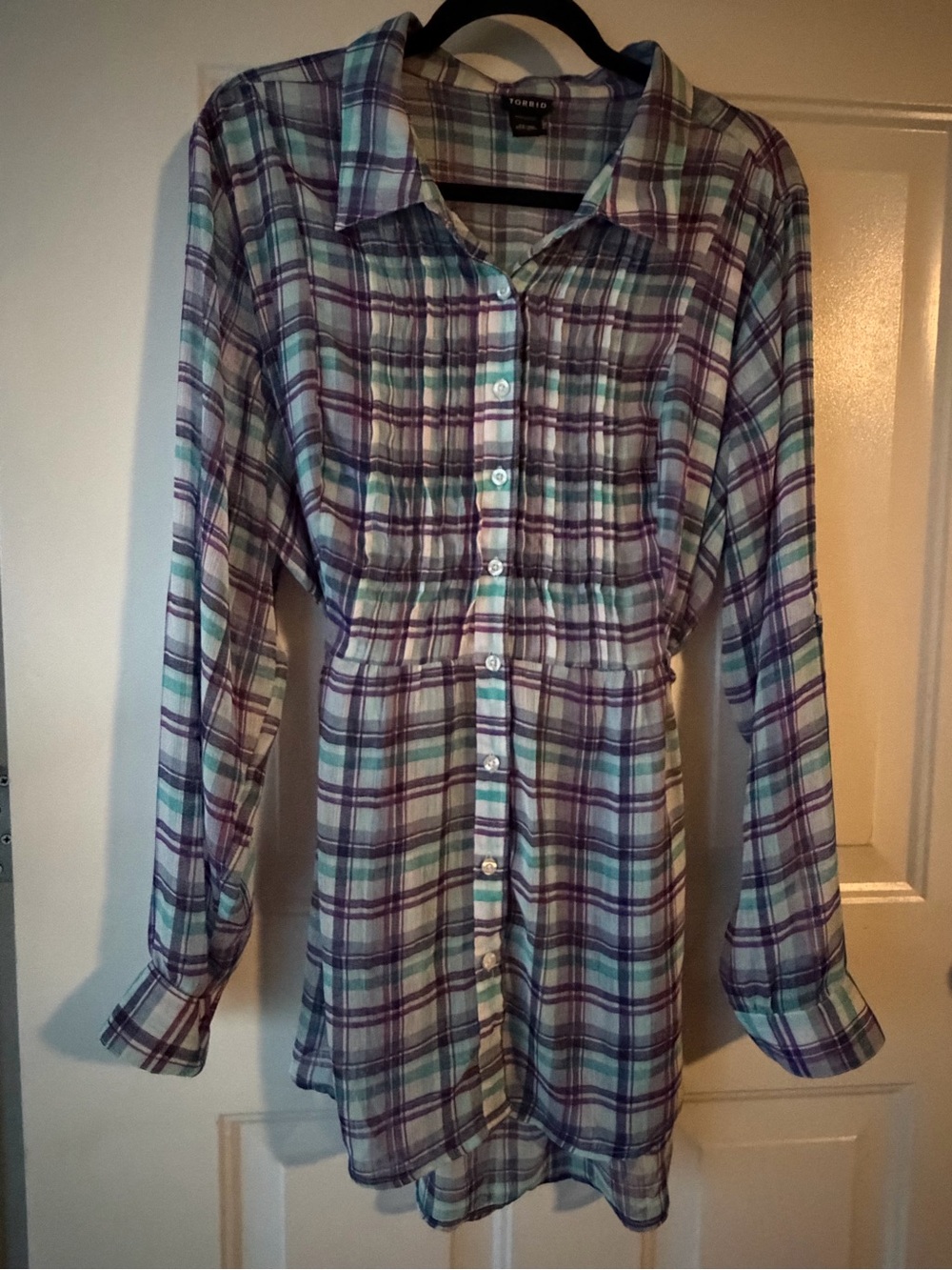 torrid 2X Plaid Button-Up Shirt in Teal, Purple and White